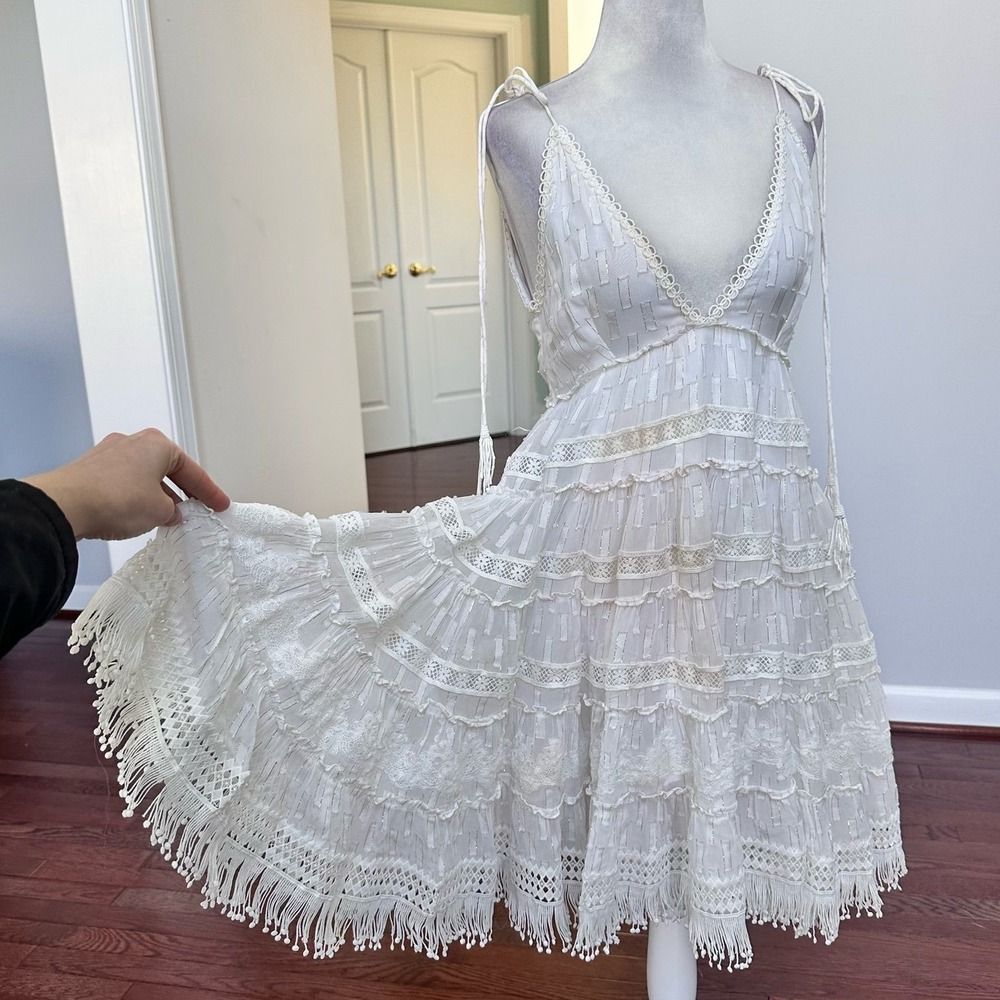 Rococo Sand Ivory White Gold Lace Flowey Summer Draped Tassel Dress Size XS